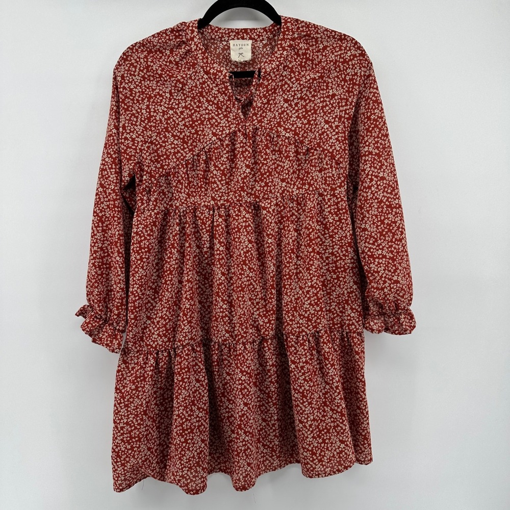 Hayden Girls XL Rust Red Floral Ditsy Tiered Babydoll Long Sleeve Dress GN4117